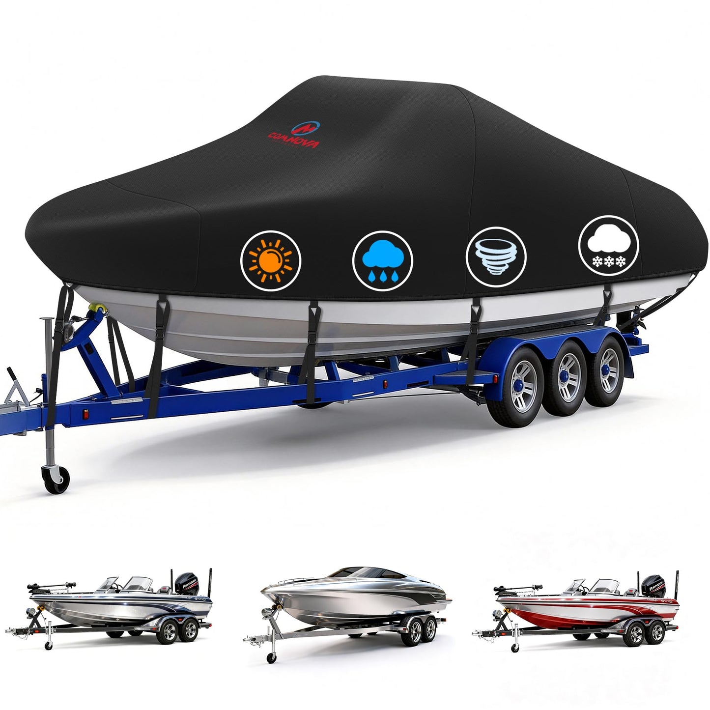 Comnova Boat Cover 16-18.5 FT - Marine Grade Trailerable Boat Cover Heavy Duty & Waterproof - Fit 16 to 18.5ft V-Hull, Tri-Hull, Fishing Boats, Runabout, Bowrider, Fish & Ski and Pro-Style Bass Boats