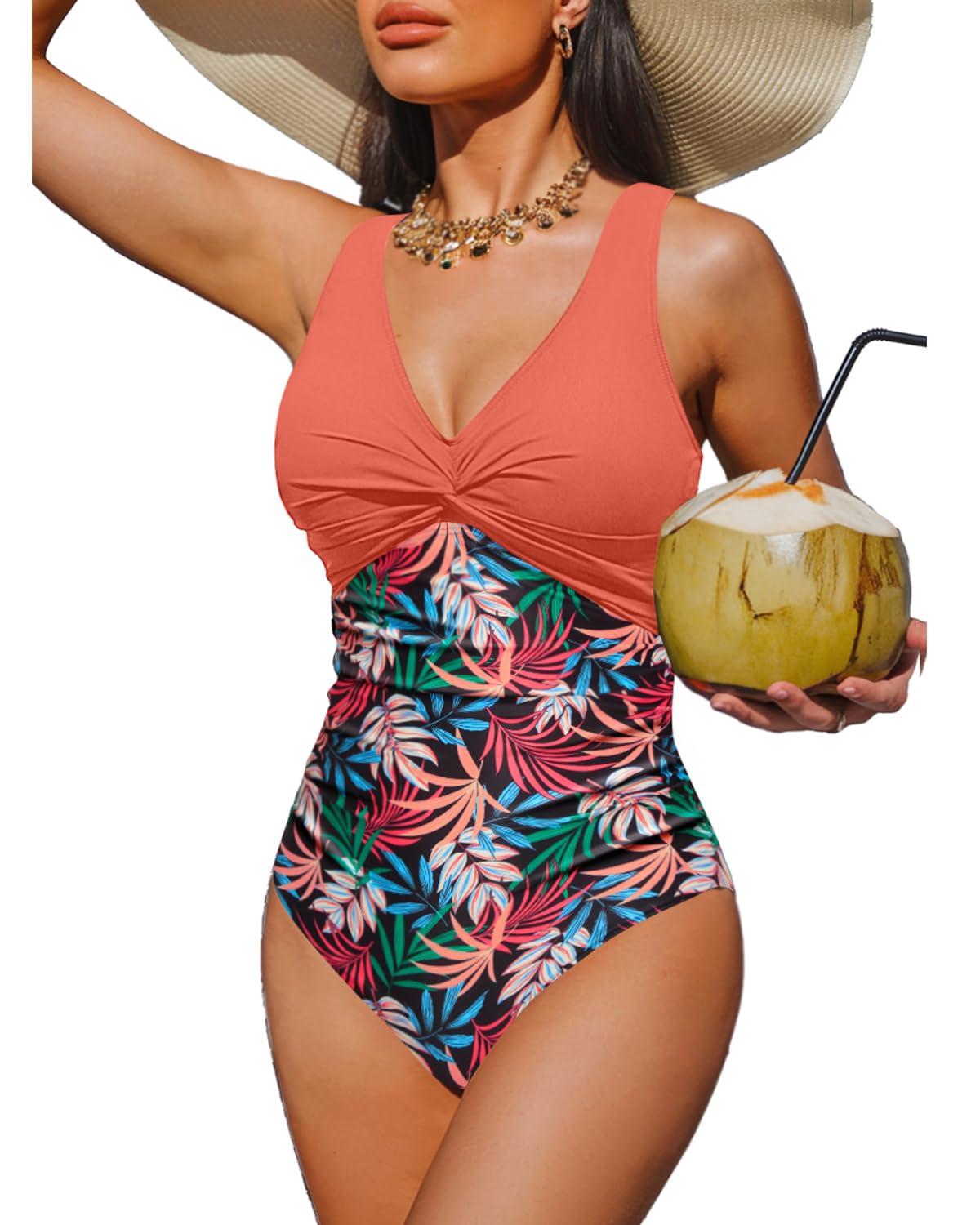 Holipick Coral Pink Leaf Women Tummy Control One Piece Swimsuit - Push Up Bathing Suit Full Coverage Slimming Swimwear XXL