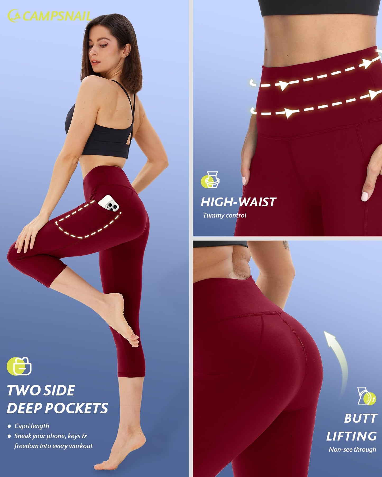 CAMPSNAIL 4 Pack Capri Leggings for Women - High Waisted Capris Tummy Control Yoga Pants with Pockets Workout Cycling Tights
