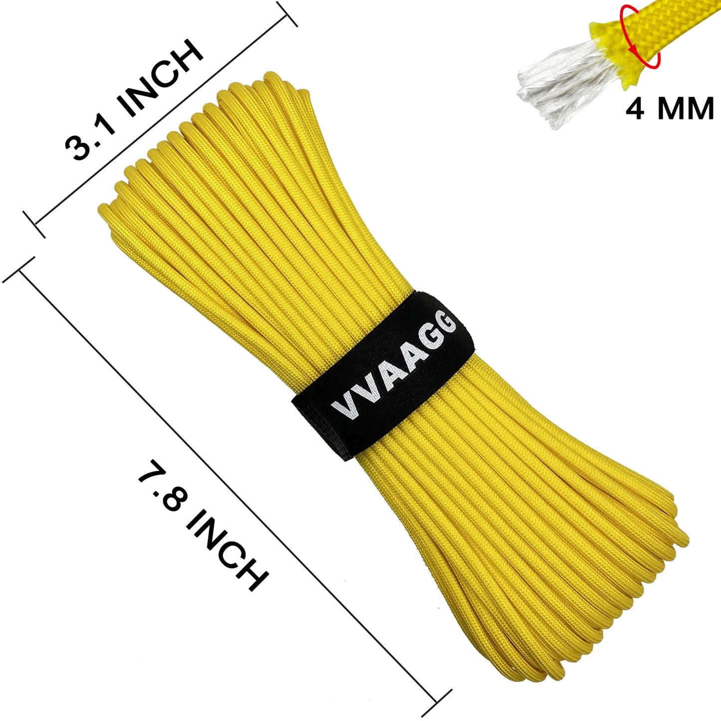 VVAAGG 550 Paracord 100FT - 4mm Lightweight and Durable Camping Rope, Tent Rope, 7 Strand Nylon Parachute Cord Rope (Yellow)