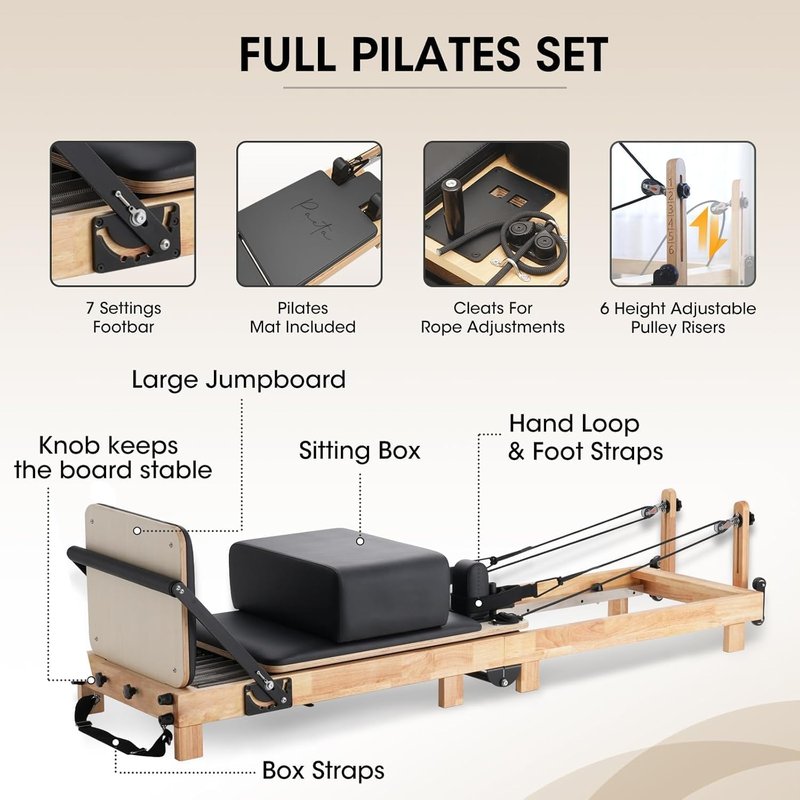 Wooden Pilates Reformer Machine - 92” PAETA Reformer with Springs, Jump Board & Accessories for Home or Studio Use
