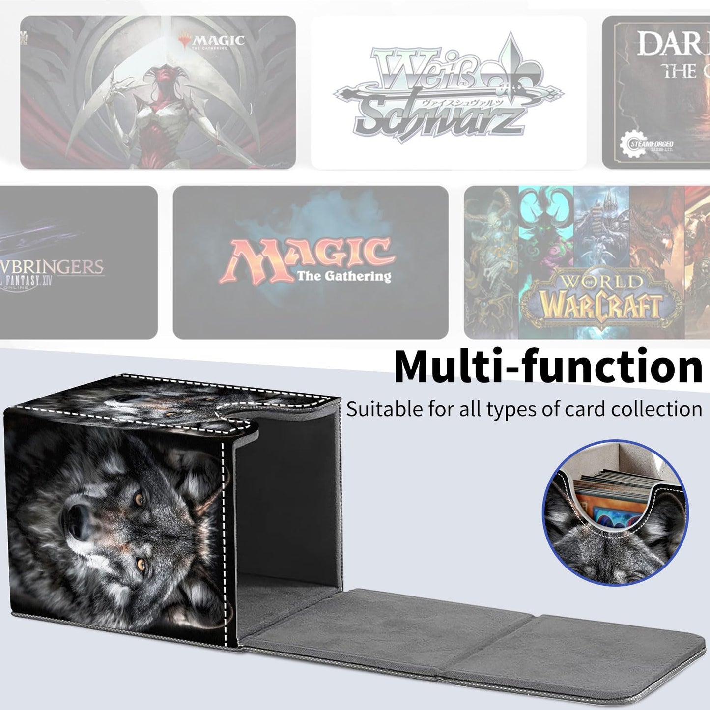 Qindaiwen Card Deck Box for Trading Cards, MTG Deck Box Fits 100+ Single Sleeved Cards, PU Leather Strong Magnet Card Deck Case Holder for Magic Commander TCG CCG, Grey Wolf 03