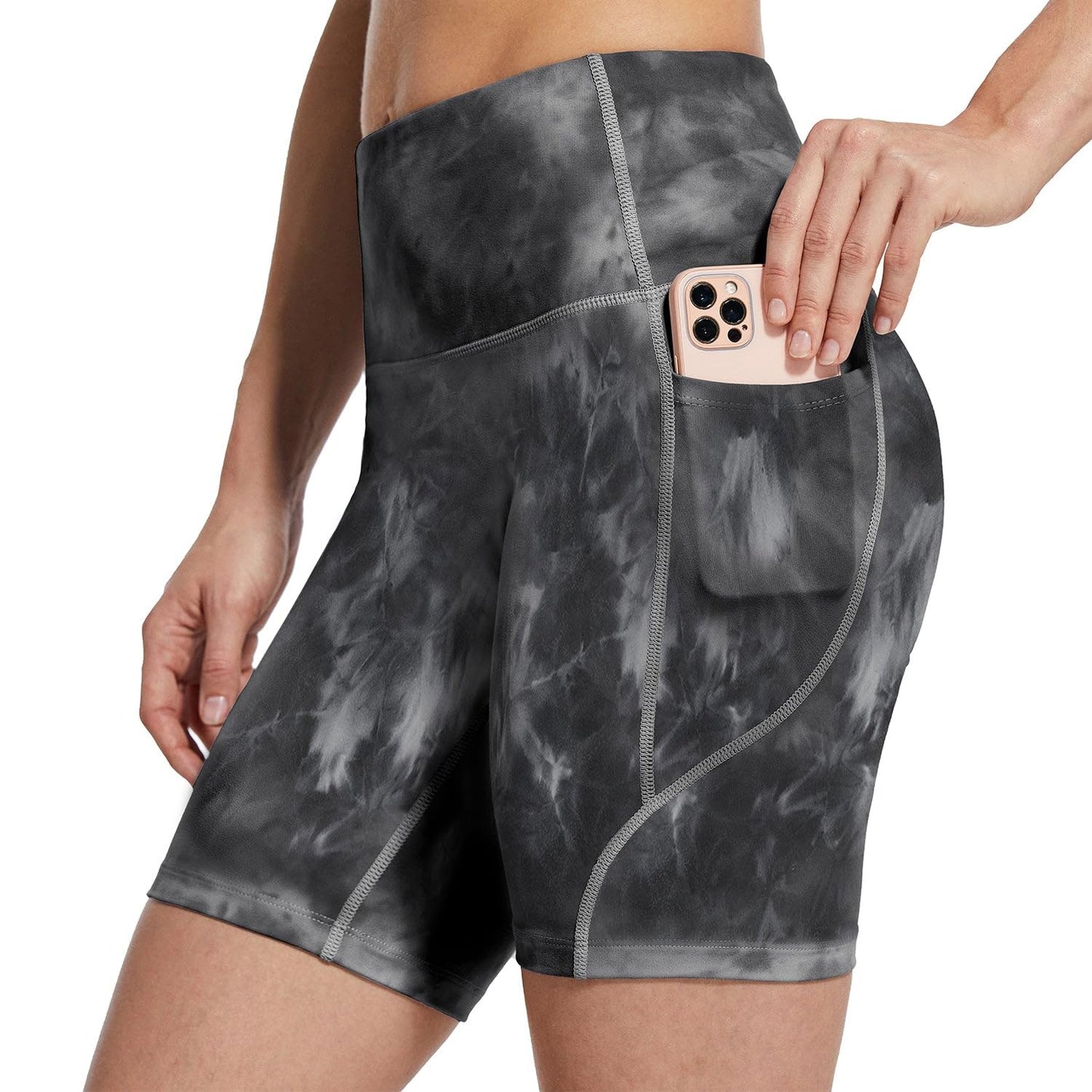 baleaf Biker Shorts Women Yoga Gym Workout Spandex Running Volleyball Tummy Control Compression with Pockets Soft 7" Tie Dye Black S