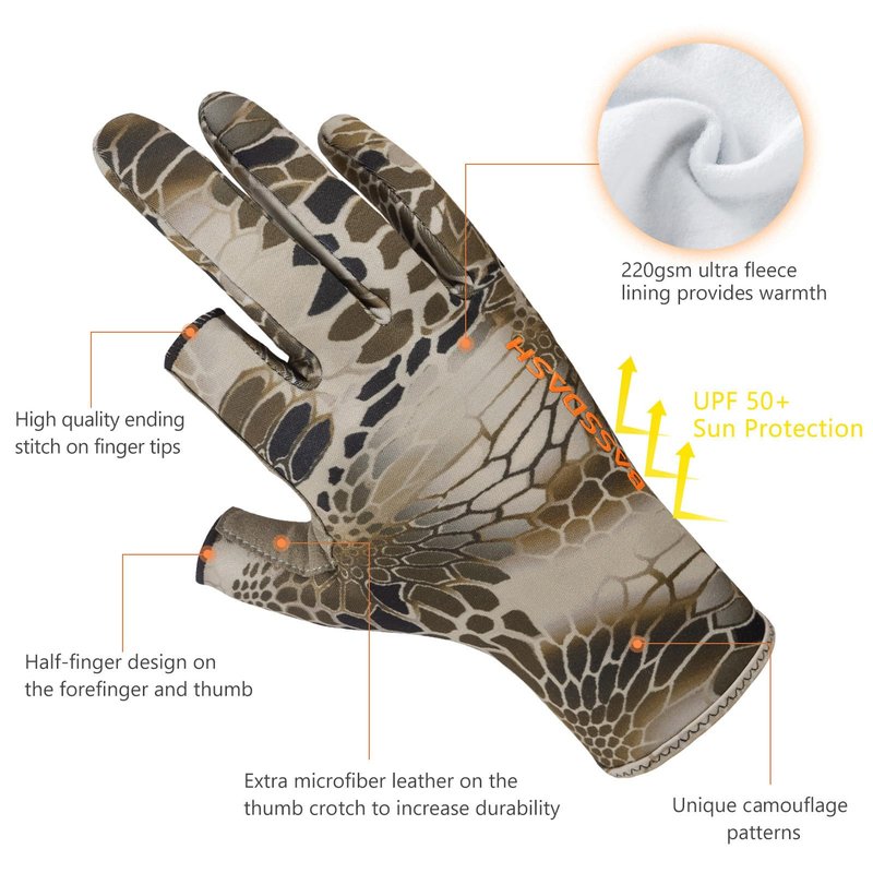BASSDASH Unisex Fingerless Fleece Liner Camo Hunting Gloves for Cold Weather UPF 50+ Lightweight Fishing Photography HG06