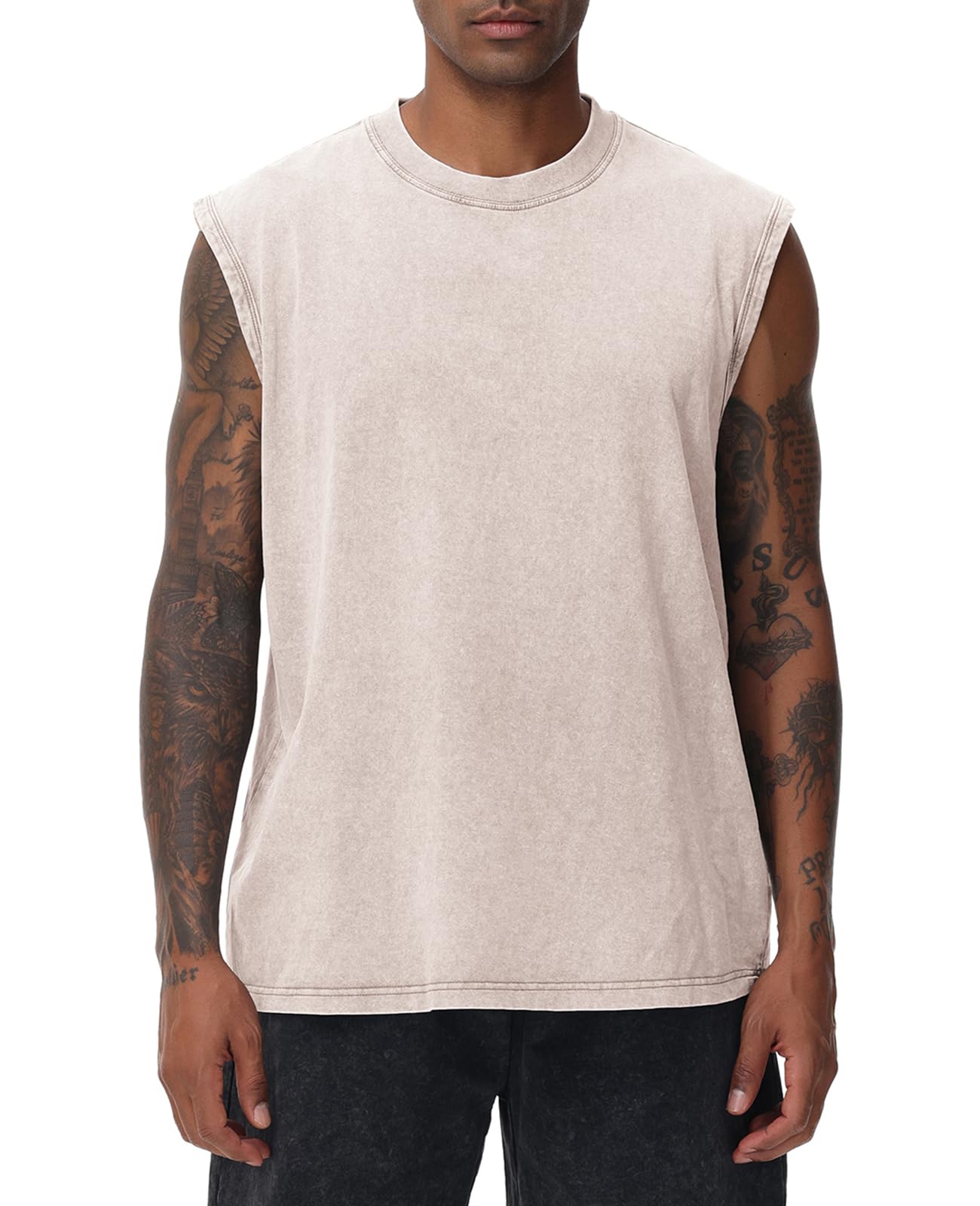 Mens Workout Tank Tops Sleeveless Tee Shirts Men Muscle Shirt Gym Acid Wash T Shirts Running Beach Loose Fit Tee(AC,3XL) Ivory