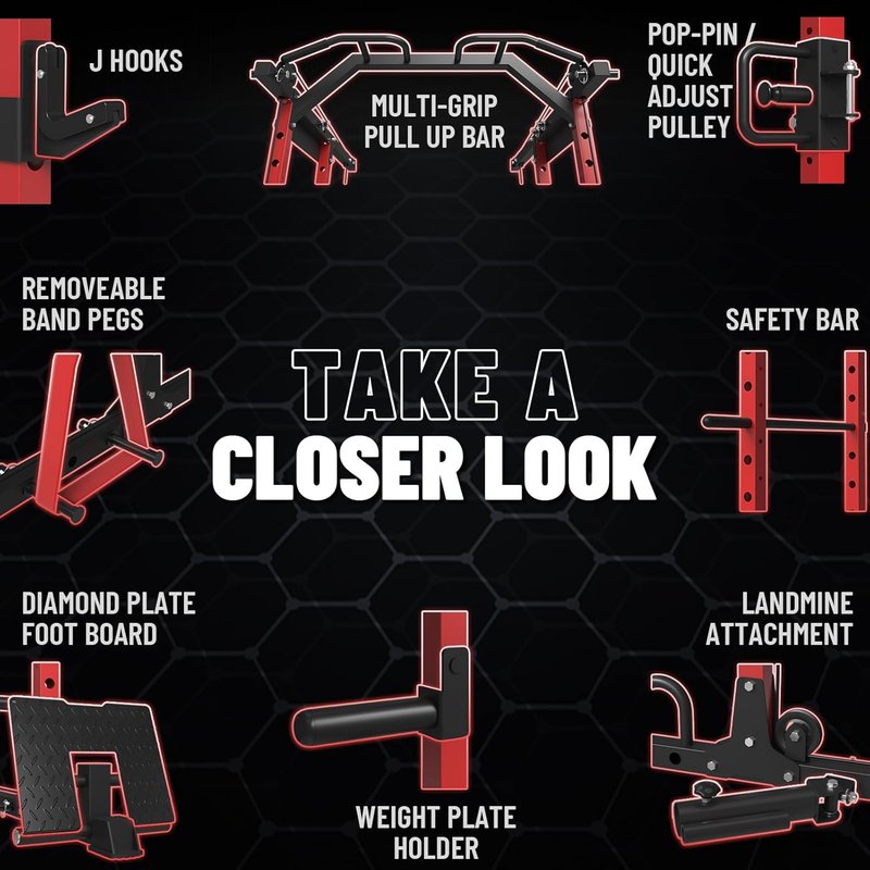 Power Cage - 1500LBS Multi-Function Workout Rack with Cable Crossover | Home Gym Equipment (Red)