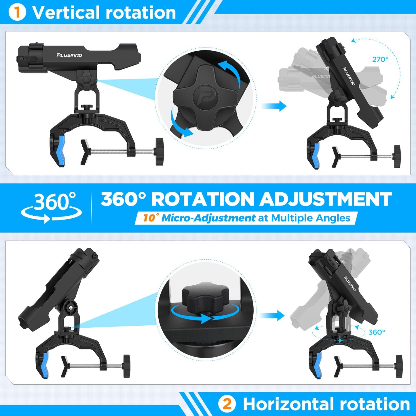 PLUSINNO 1 Pack Fishing Rod Holders for Boat, Upgraded Fishing Rod Holder with Enlarge Clamp, Innovative Dual-V Shaped Design, Fit Round/Square Tube Boat Fishing, Fishing Gear, Gifts for Men