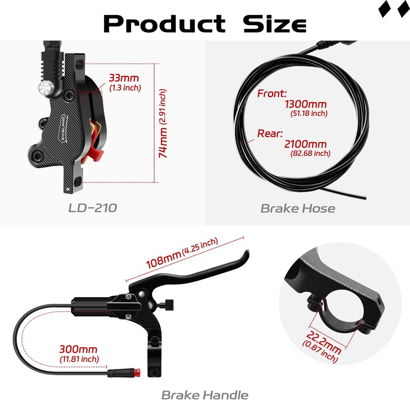 DYISLAND LD-210S Electric Scooter Hydraulic Disc Brakes Set, 2-PIN/Power-Off Hydraulic Brake kit for E-Scooter(R-R Brakes(Black))