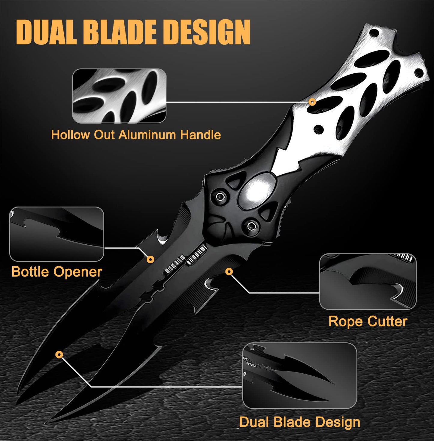 MADSABRE 8.5-in Dual Blade Knife Twin Edge Folding Knife Collection Pocket Tactical Survival Camping Multifunctional Knives with Clip Aluminum Handle Gifts for Men