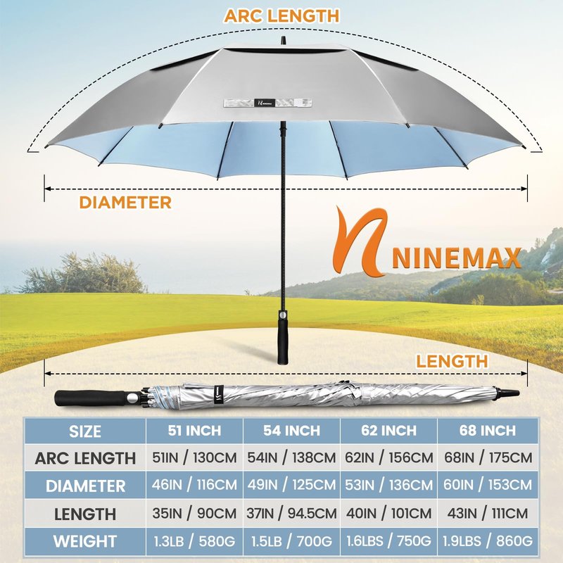 NINEMAX UV Potection Golf Umbrella, 62 Inch UV Umbrellas for Sun Blocking Large Windproof for Rain (Sliver Light Blue)