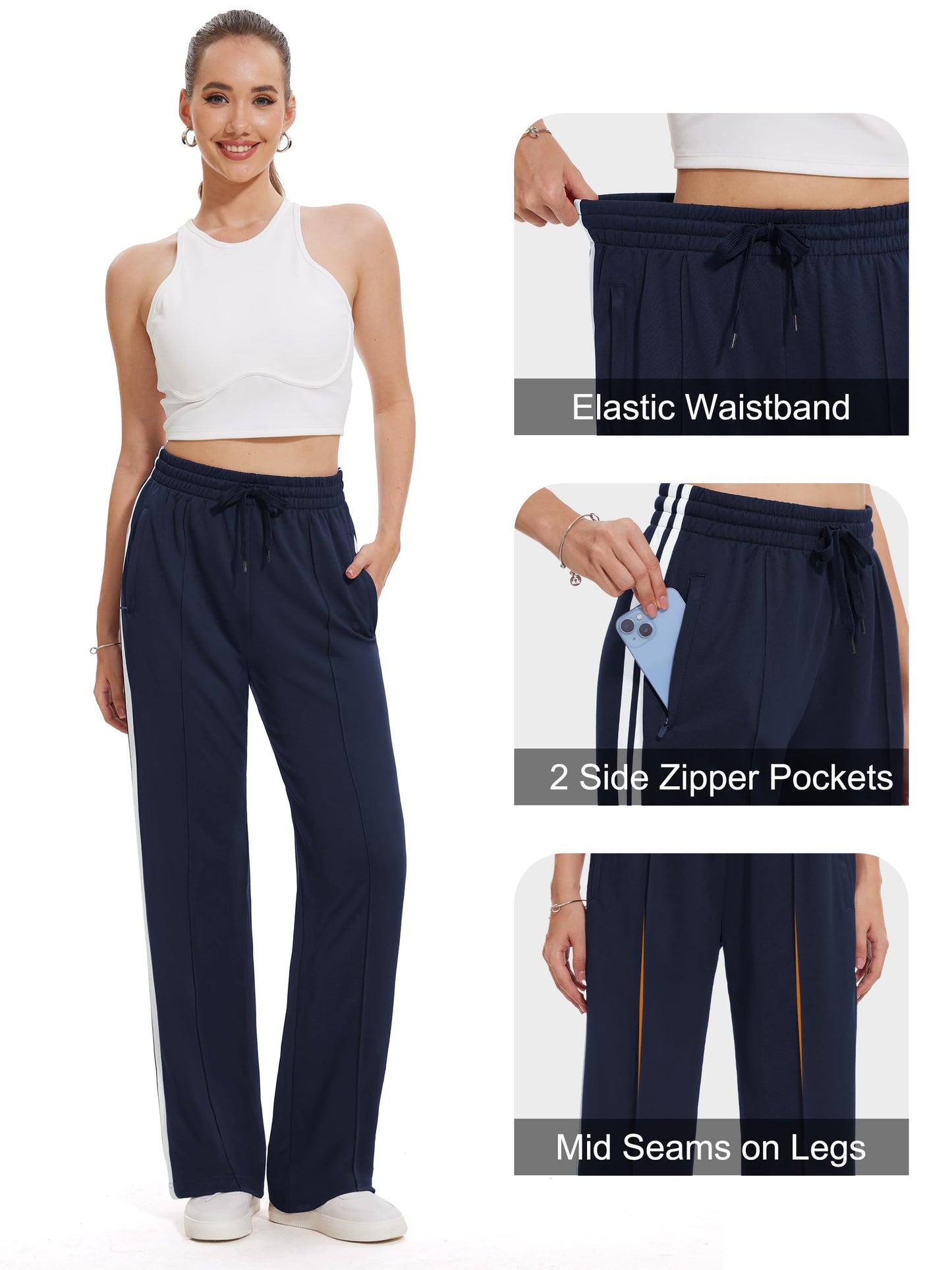 Tapata Women's 30" Inseam Regular Track Pants Loose Straight Leg Jogging Sweatpants Warm-Up Sports Athletic Running, Navy Blue, S