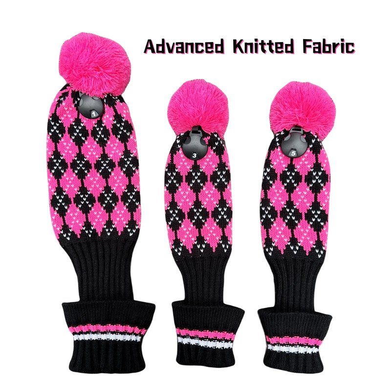 3pcs Knit Pink Golf Club Head Covers, Golf Driver 3 5 Fairway Woods Covers, Pom Pom Golf Wood Headcovers Covers for Driver, 3 5 Woods Women
