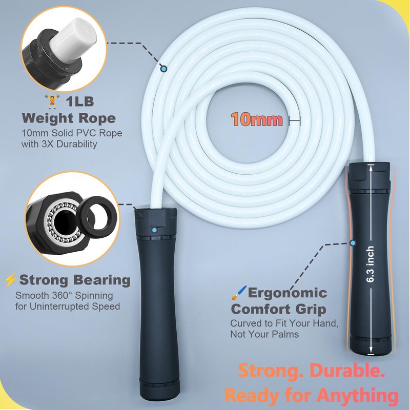 Weighted Jump Rope for Men & Women - 1LB Heavy Adjustable Skipping Rope, 10mm PVC with Ball-bearing for Speed, Cardio, Boxing, CrossFit - Tangle Free, Home & Gym Workout Fitness, White