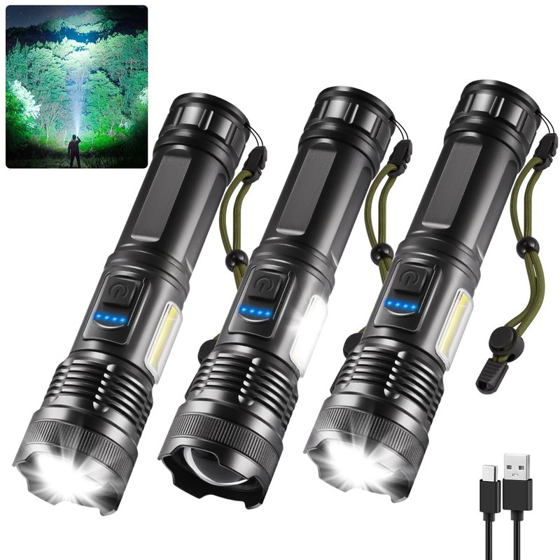IkeeRuic 7Mode Flashlights High Lumens Rechargeable, 3Pack Tactical Flashlight High Powered, LED Flashlight Rechargeable, Super Bright Flashlight Adjustable, Flash Light for Emergency Home