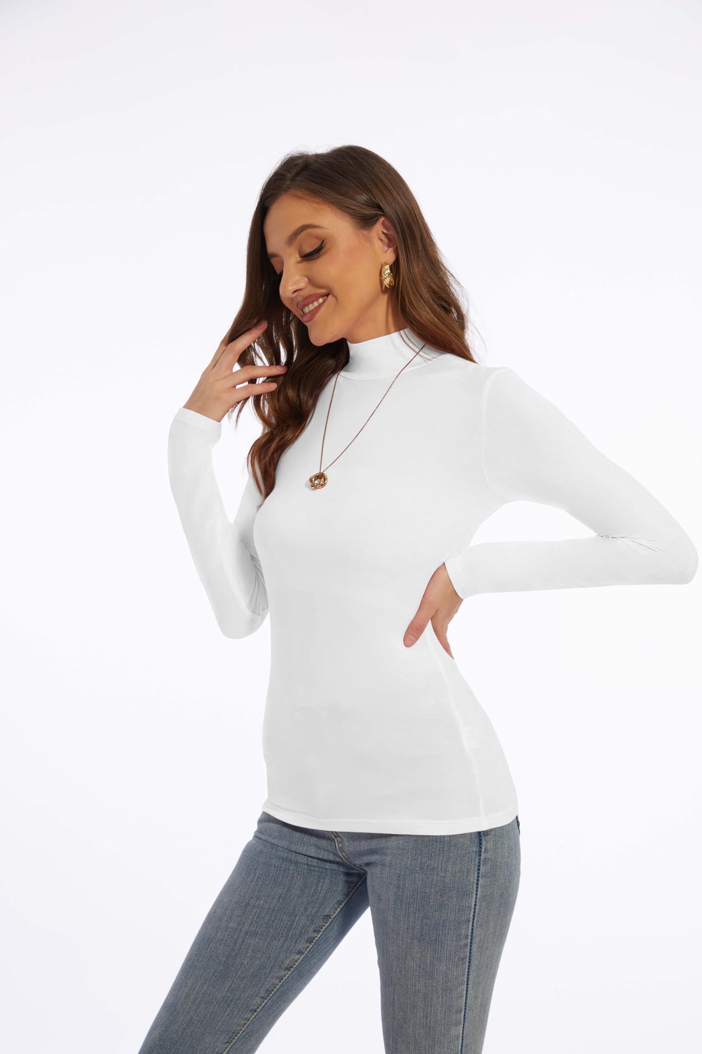 Womens Long Sleeve Mock Turtleneck Lightweight Shirts Slim Fitted Base Layer Tee Tops High Neck Undershirt (White, Medium)