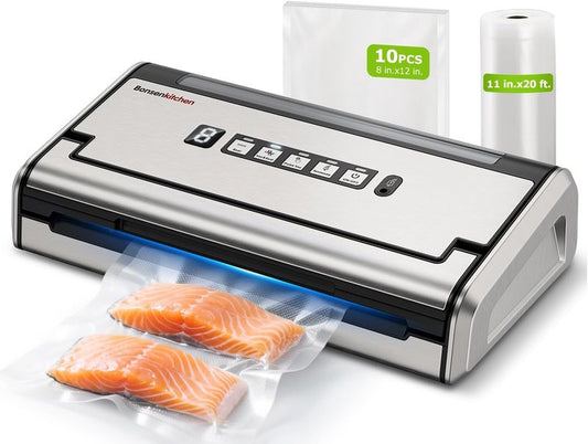 Bonsenkitchen Vacuum Sealer - One-Hand Operation Food Sealing Machine with Digital Timer & Built-In Cutter | Includes 1 Roll Bag & 10 Pre-Cut Bags