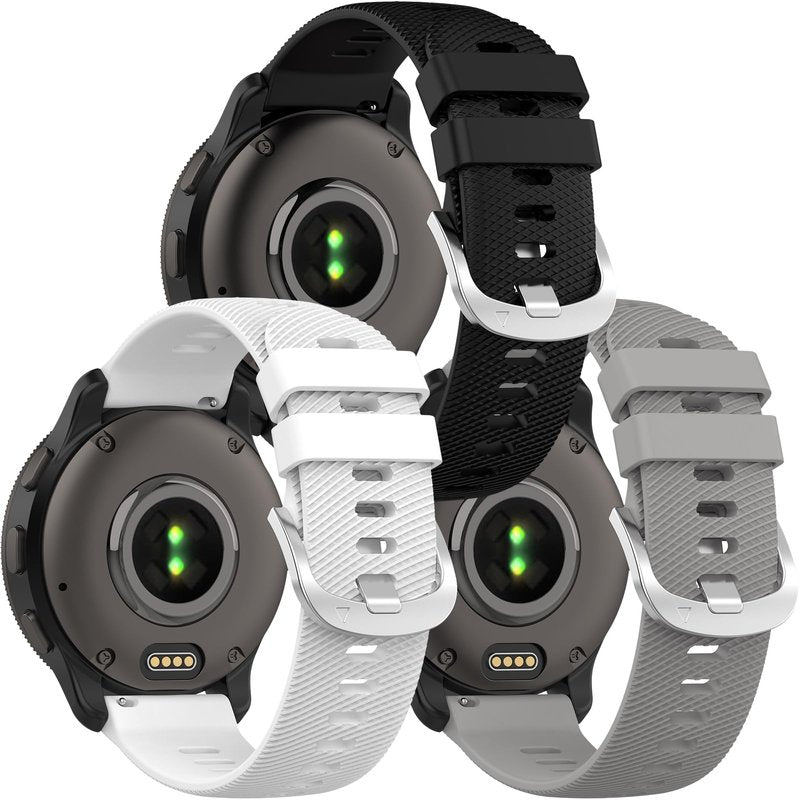 Miimall [3 Pack] Silicone Band for Garmin Vivoactive 6/5/3 Music/570 42mm, Forerunner 55/165, Venu/Venu Sq/2 Plus, 20mm Thin Rugged Strap for Vivomove Sport/Trend, Forerunner 645(White+Grey+Black)