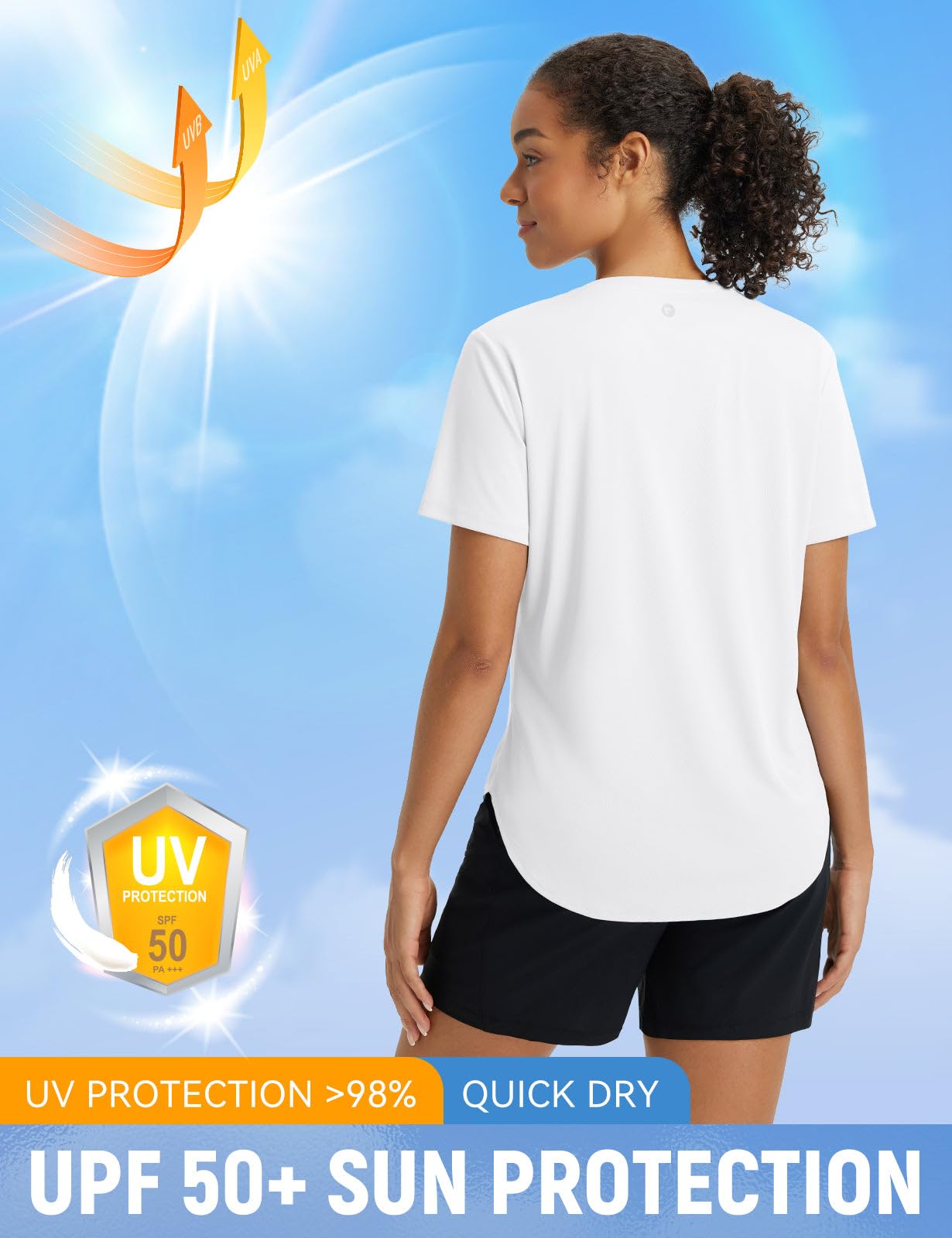 baleaf Women’s Sun Shirt Short Sleeve Lightweight Quick Dry UPF 50+ V Neck Loose Fit Workout Top Running Hiking Travel White M