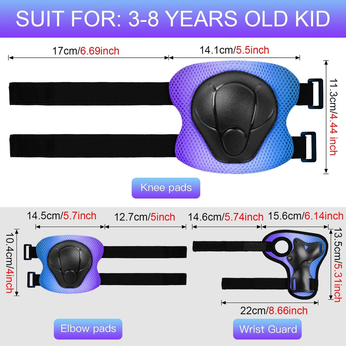 Wemfg Kids Protective Gear Set Knee Pads for Kids 3-14 Years Toddler Knee and Elbow Pads with Wrist Guards 3 in 1 for Skating Cycling Bike Rollerblading Scooter