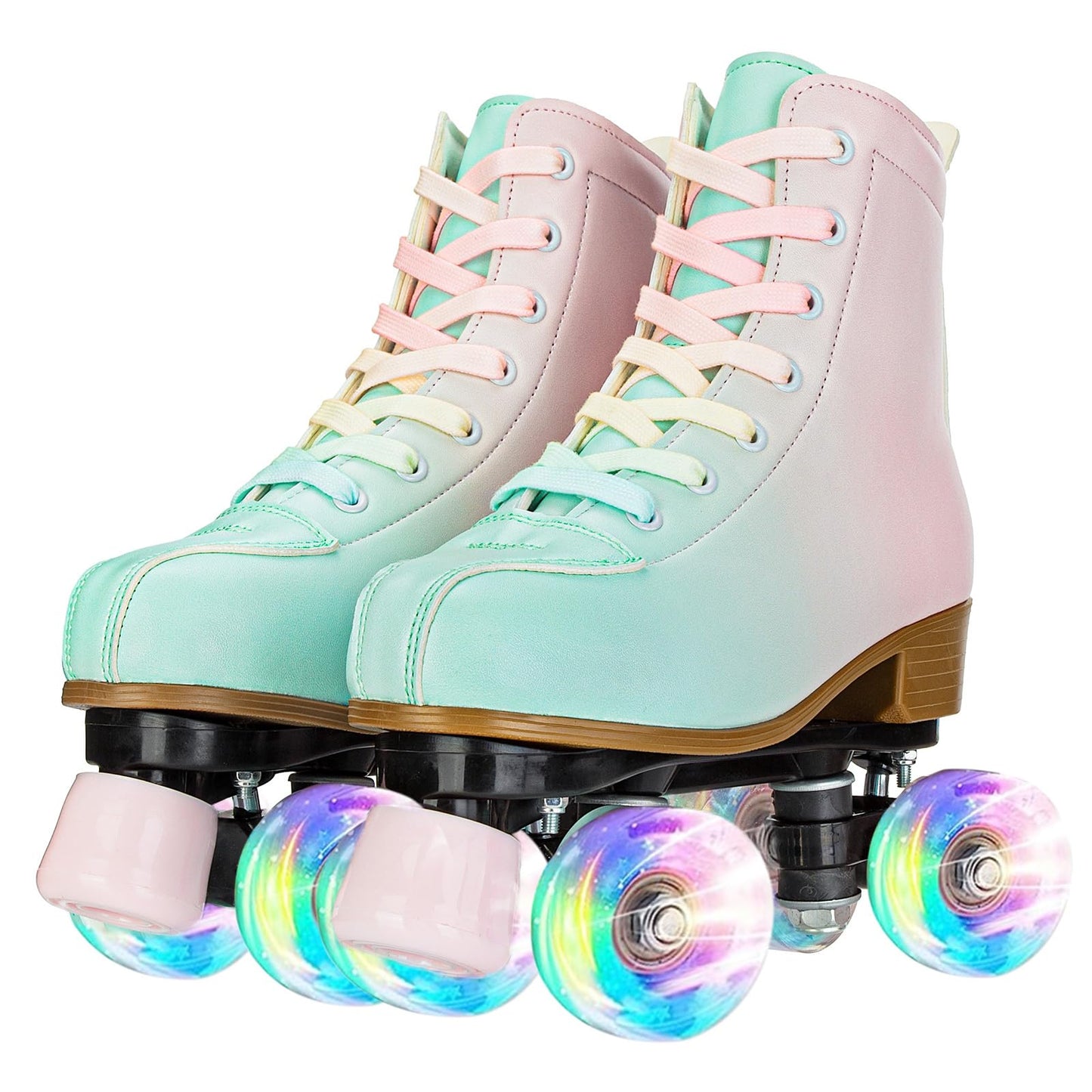 YYW Roller Skates for Girls and Women, Fantastic Gradient Pink and Green PU Leather Light Up Kids Youth Roller Skates, Indoor Outdoor, Size 33-Youth 2