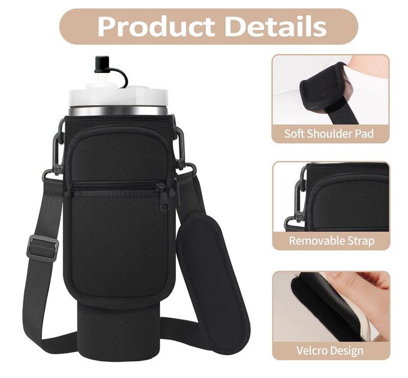 AceTreker Water Bottle Sleeve Bag for Stanley 30/40 oz Tumbler with Handle & Phone Pocket, Neoprene Metal Travel Coffee Mug Carrier Sling for Walking Hiking Driving-Black