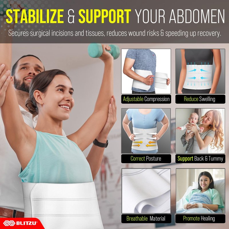 BLITZU 9", 3 Panel Abdominal Binder for Post Surgery Recovery, Postpartum Belly, Compression Wrap Support Belt for Hernia, C-Section, Stabilize Core, Prevent Injury and Improve Muscle Tone S-M White