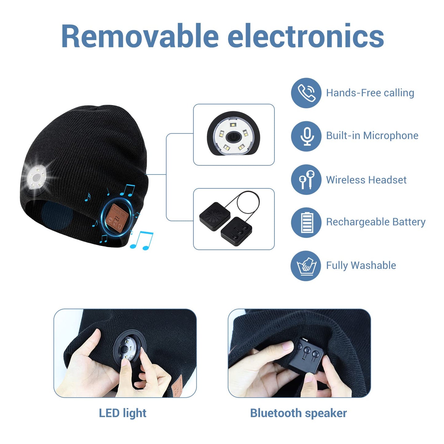 TOUCH TWO Bluetooth Beanie Hat with LED Light Wireless Musical Knitted Cap with Headphone Stereo Speakers & Mic for Running Hiking Jogging Black