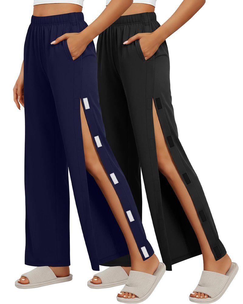 Sweetyweee 2 Pack Women's Tear Away Pants Side Full Open Post Surgery Sweatpants Breakaway Adaptive Casual Pants with Pockets(Navy Blue, Black,Medium)