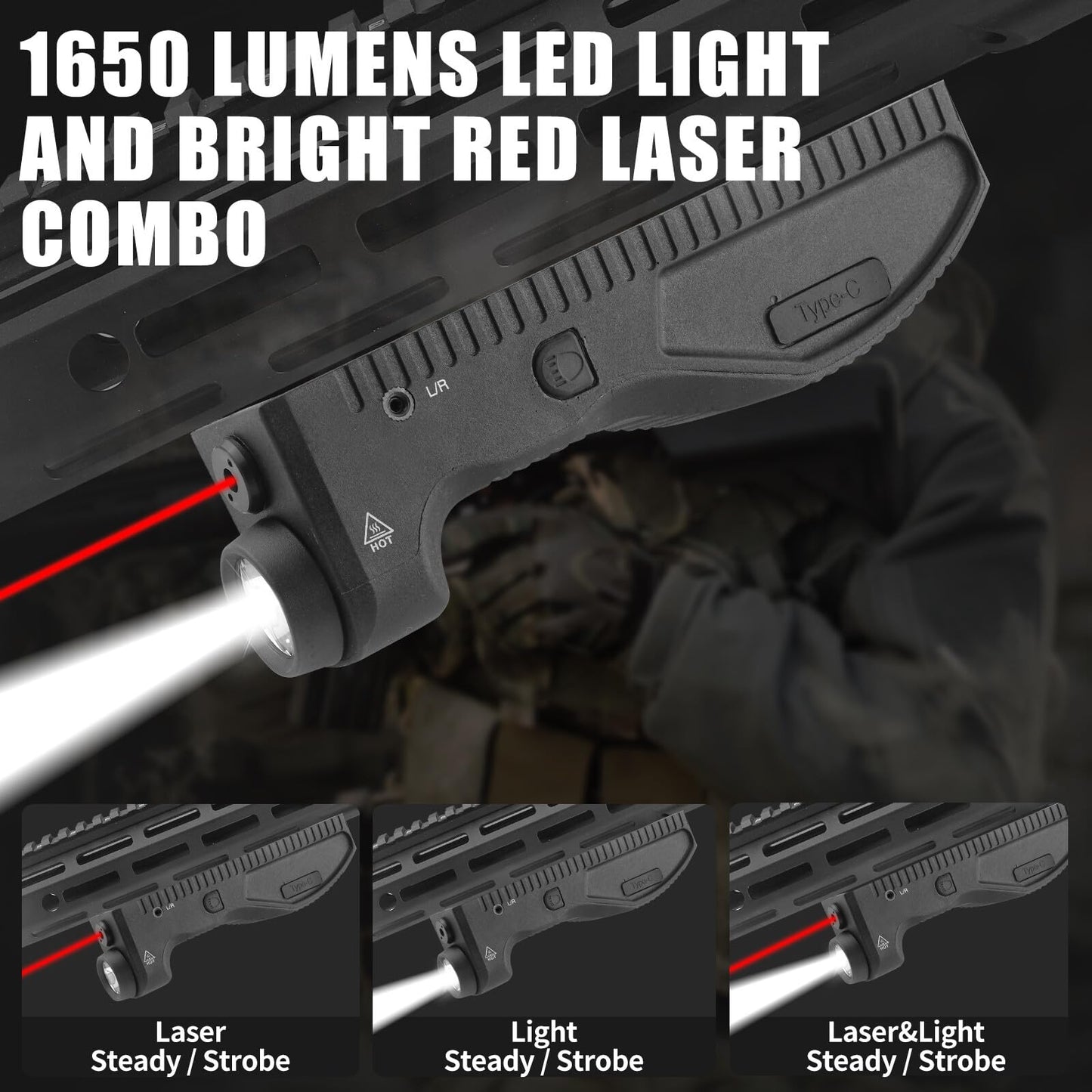 ZBULAR 1650 Lumens Strobe Function,Light Laser Combo, Flashlight and Red Laser Sight,High Real Lumen,USB-C Rechargeable IIIA Class Laser Power Output ≤5mW