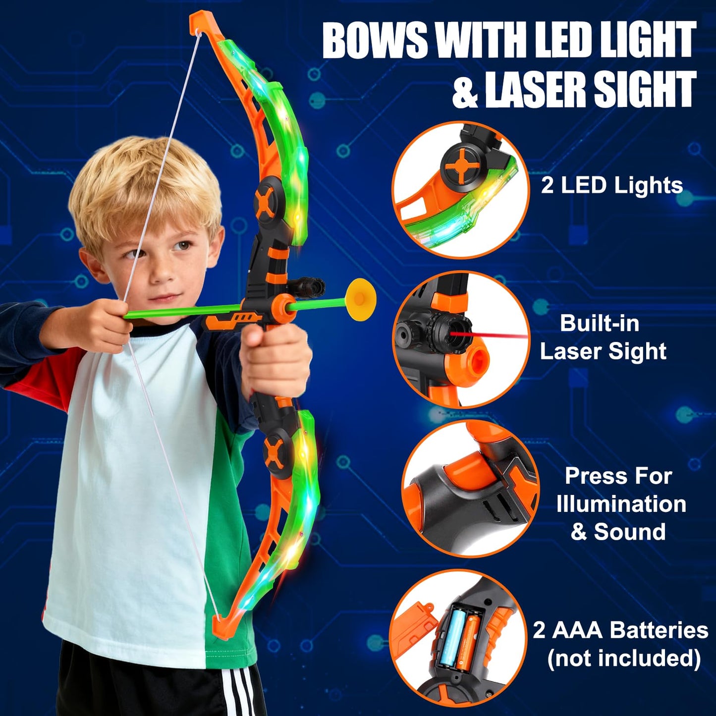 2 Pack Kids Bow and Arrow Set, LED Light Up Archery Set with 20 Suction Cup Arrows, Indoor Outdoor Sport Games for Kids Ages 4-8 8-12, Birthday Gifts Toys for 4 5 6 7 8 9 10 11 12 Year Old Boys Girls