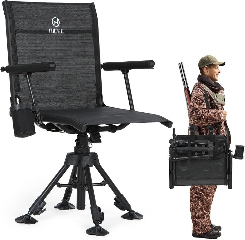 Swivel Hunting Chair - 360° Rotating Silent Blind Chair with Adjustable Height, Armrest & Cup Holder | No-Sink Feet