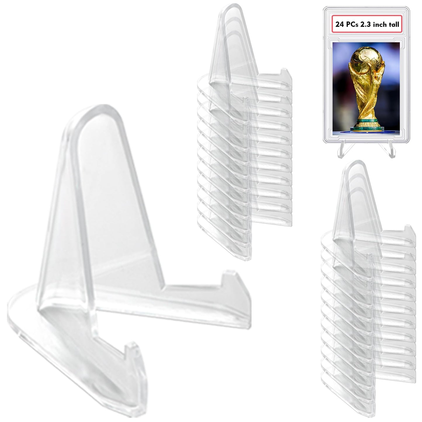 LRANFOW Thickened Version 24 Packs Card Stands Sports Card Holder, Card Display Stand for Display Graded Card Challenge Medals Casino Chips, 2.3 Inch Tall, Clear