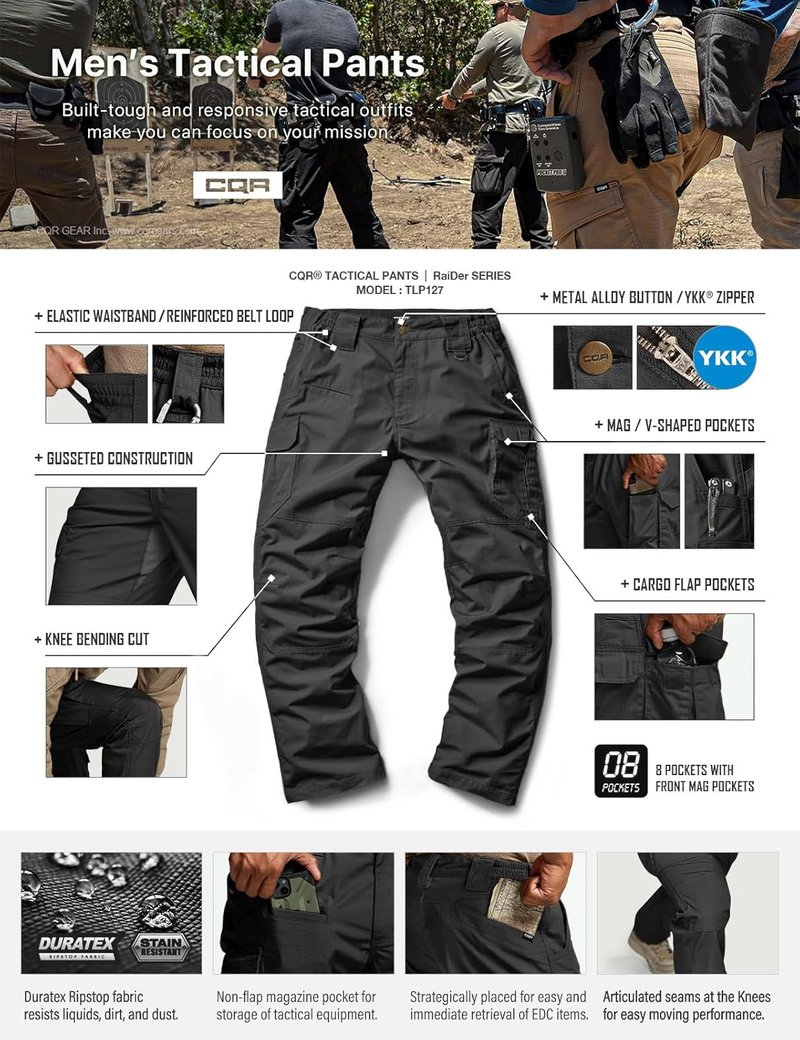 Men's Tactical Pants - Water Resistant Ripstop Cargo Design | Lightweight EDC Work & Hiking Wear