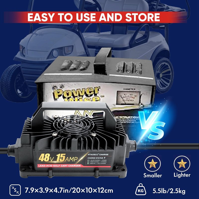 48 Volt 15 Amp Golf Cart Battery Charger for EZGO RXV & TXT with 3 Pin Triangular Plug, Upgraded IP67 Waterproof Lead Acid Battery Charger