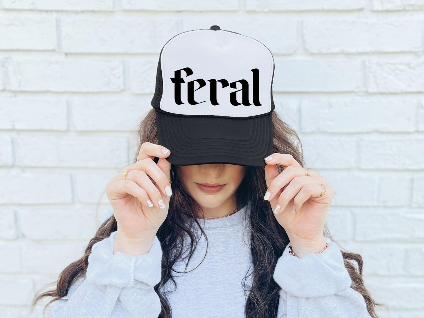 Feral Trucker Hat for Men and Women - Funny Best Friend Gag Gifts for Him Her Snapback Hat - Girls Beach or Lake Trip Gift Idea - Unisex Adult Breathable Polyester Mesh Adjustable Cap - Black