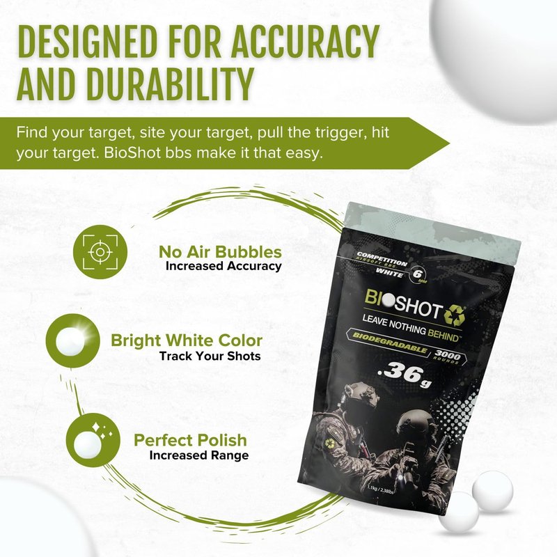 BioShot Biodegradable Airsoft BBS - .36g Super Slick Seamless Sniper Weight Competition Match Grade for All 6mm Airsoft Guns and Accessories (3000 Rounds, White)