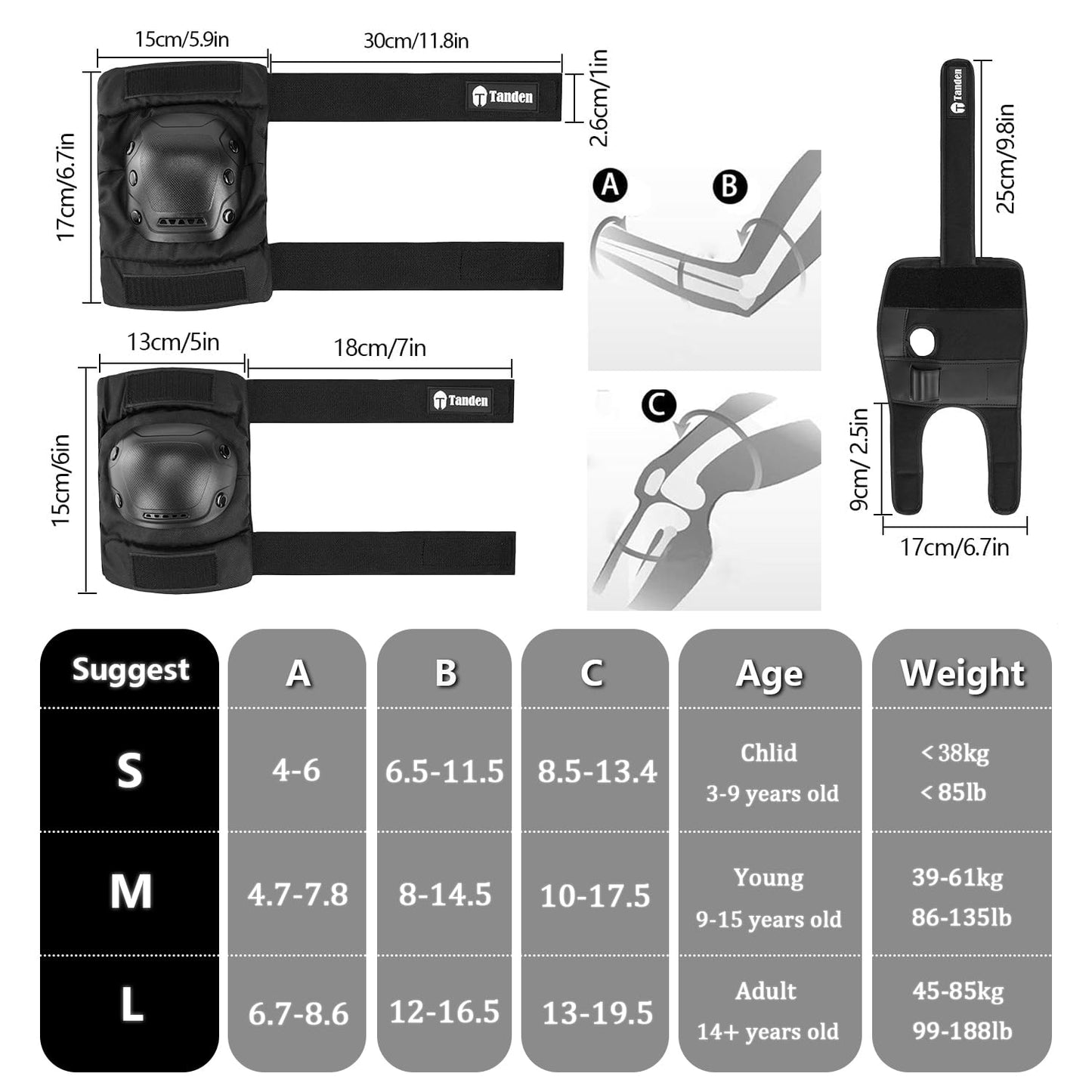 Tanden Skateboard Protective Gear Youth Knee Pads and Elbow Pads Set, Elbow and Knee Pads for Roller Skating Wrist Guards Skateboarding Pads