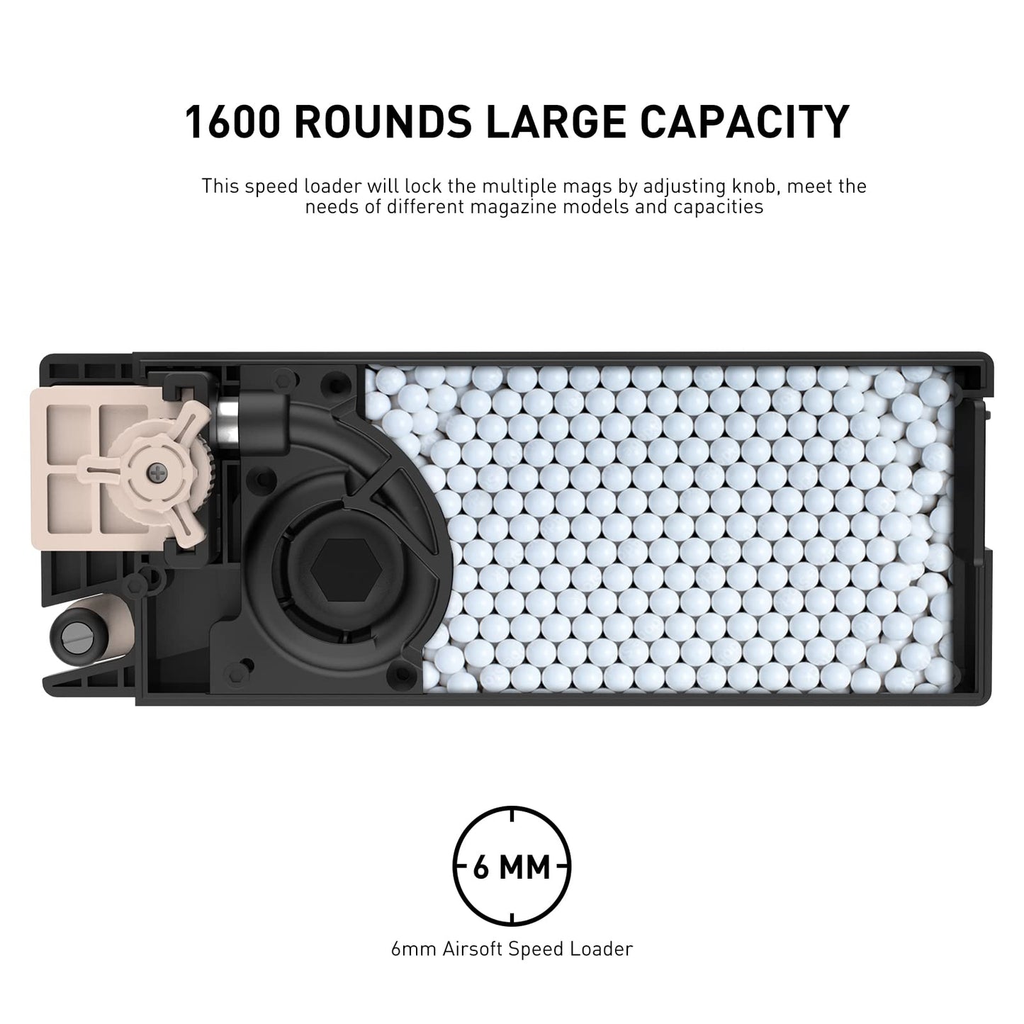 Universal Airsoft Speed Loader for 6mm BBS, 1600-Round Large Capacity Speed Loader for AEG/SMG Airsoft Mid-Cap and Hi-Cap Mags, Compatible with M4/M16/AK/MP5/G3/G36/SCAR Series Airsoft Magazines