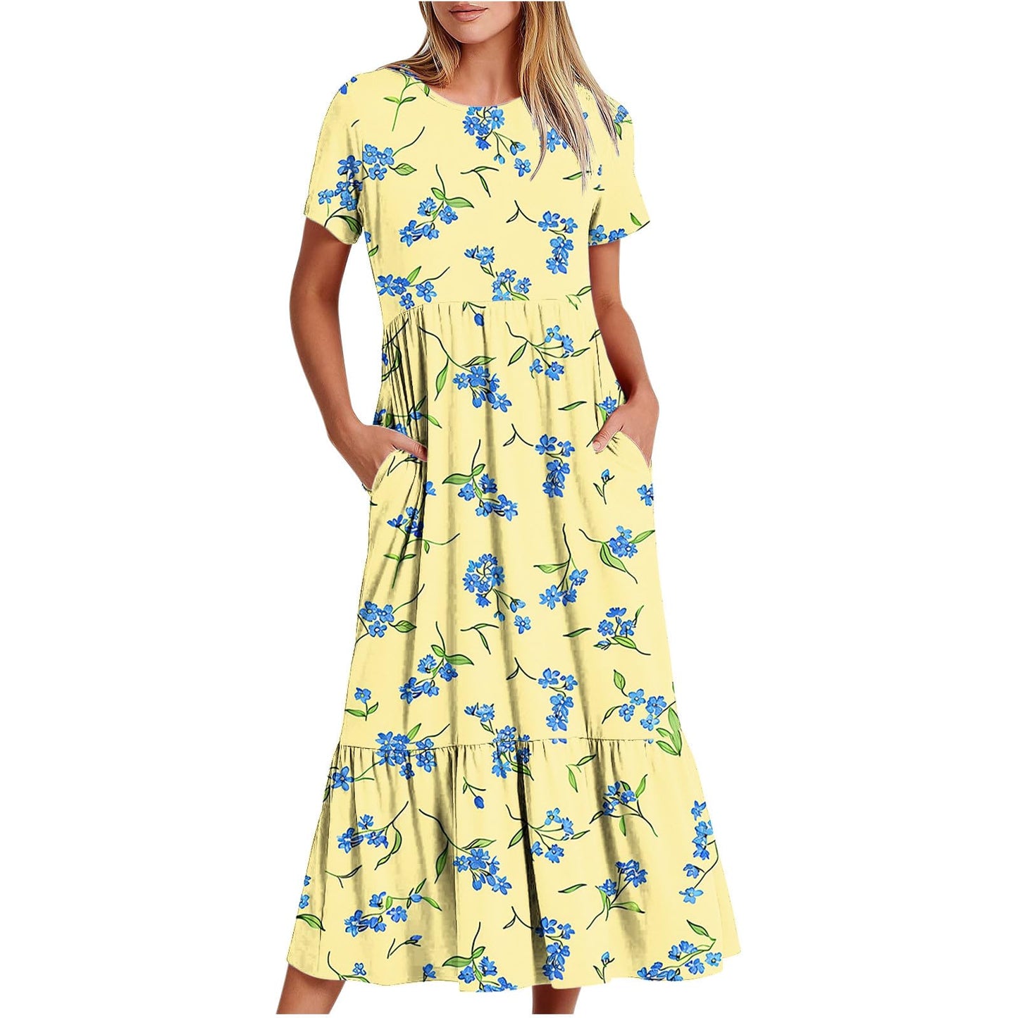 AGWOLF Women Summer Pleated Sundress Loose Pockets Short Sleeve Print Or Solid Maxi Dresses Casual Boho Vacation Travel Dress