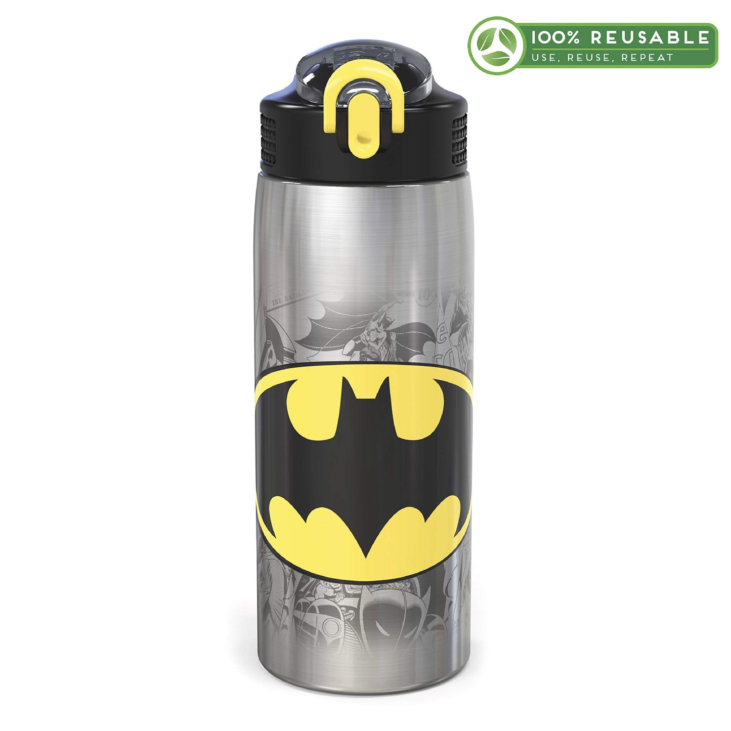 Zak Designs 27oz DC Comics 18/8 Single Wall Stainless Steel Water Bottle with Flip-up Straw Spout and Locking Spout Cover, Durable Cup for Sports or Travel (27oz, Batman)