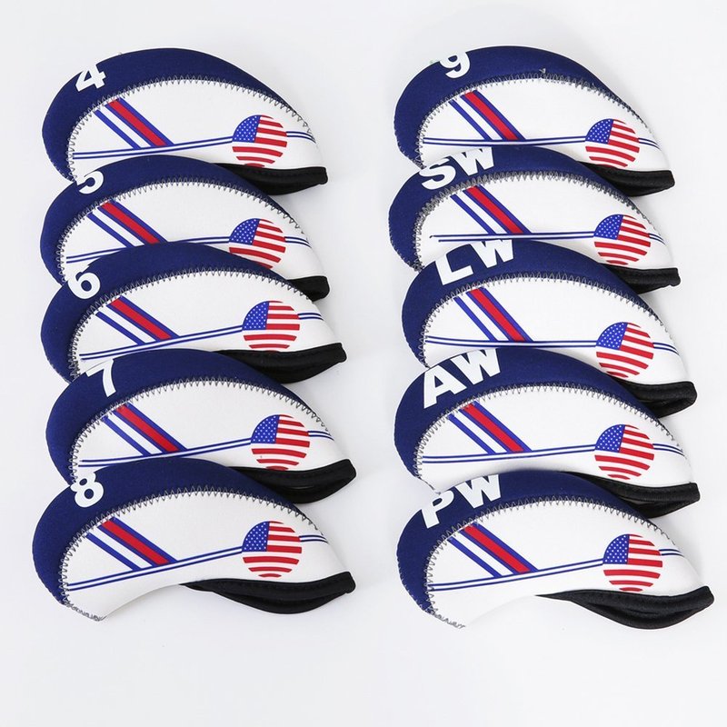 DBYAN Golf Iron Head Covers Set White & Blue US Flag Neoprene Golf Club Head Cover Wedge Iron Protector Case Headcover Fit All Brands Titleist, Callaway, Ping, Taylormade, Cobra Etc.