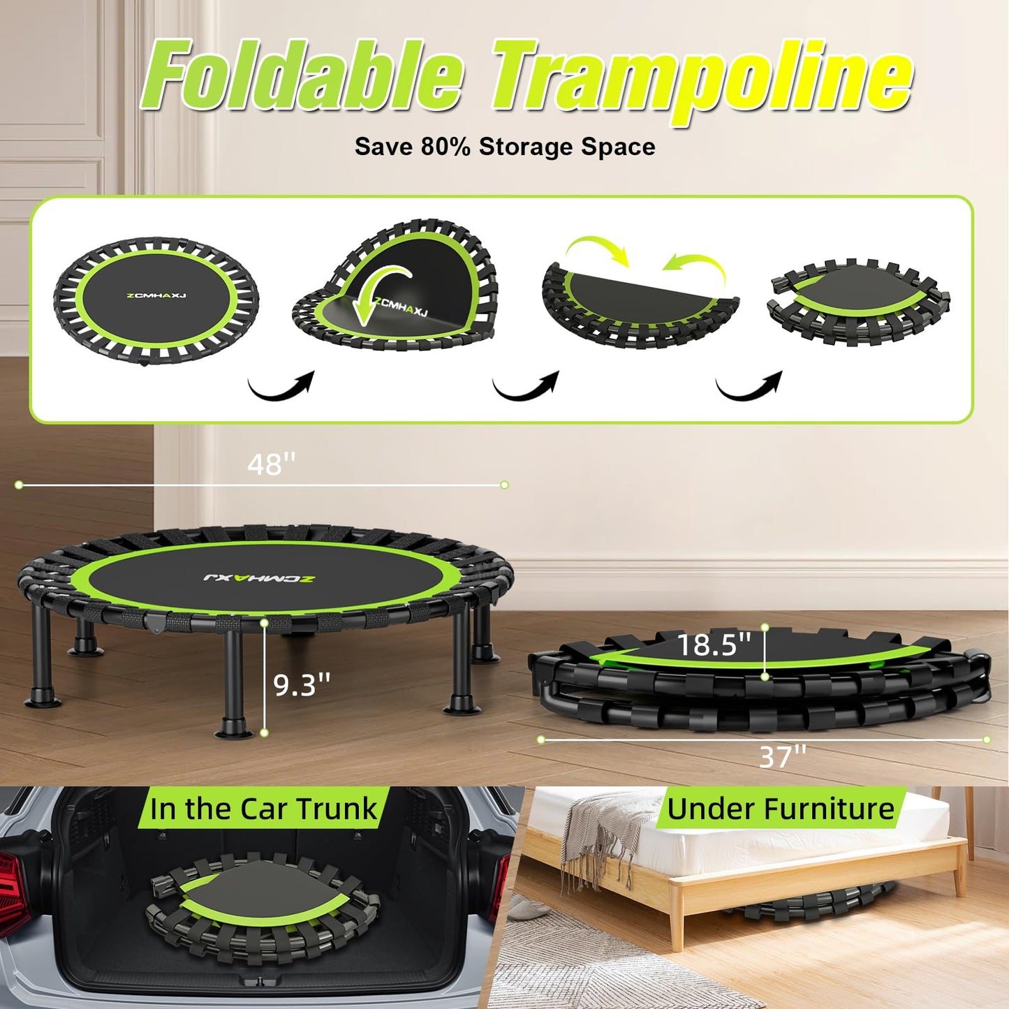 ZCMHAXJ Foldable Mini Trampoline, 36"/40"/48" Rebounder Trampoline for Adults, 440lbs Capacity Indoor Fitness Workout Exercise Equipment