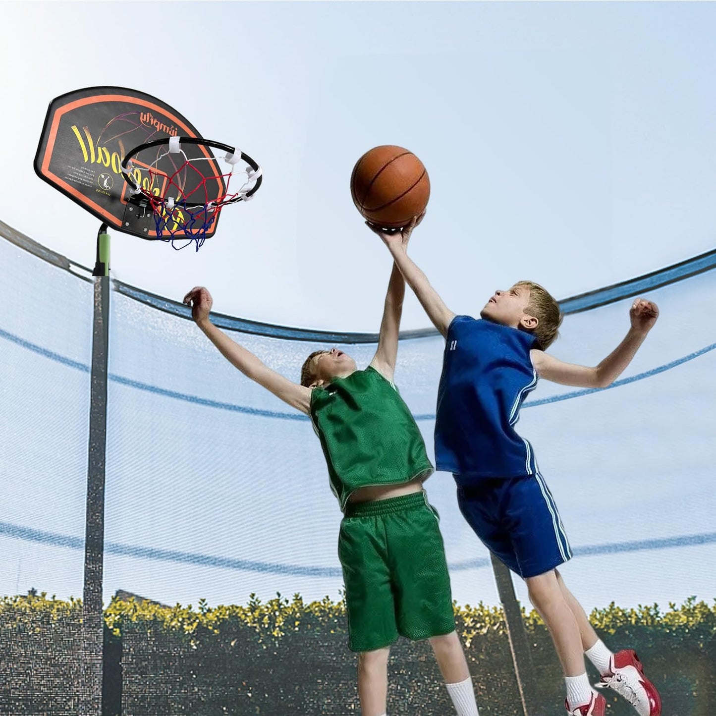 Jumpfly Trampoline Basketball Hoop Attachment, Basketball Hoop for Trampoline Easy to Install, Universal Trampoline Accessories Fits Straight Pole & Curved Pole with Mini Balls & Pump