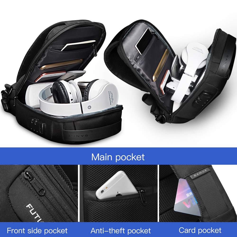 BANGE Sling Bag, Men's Chest Bag Waterproof Shoulder bags Casual Crossbody Sling Backpack with USB Charging Port for Men and Women…