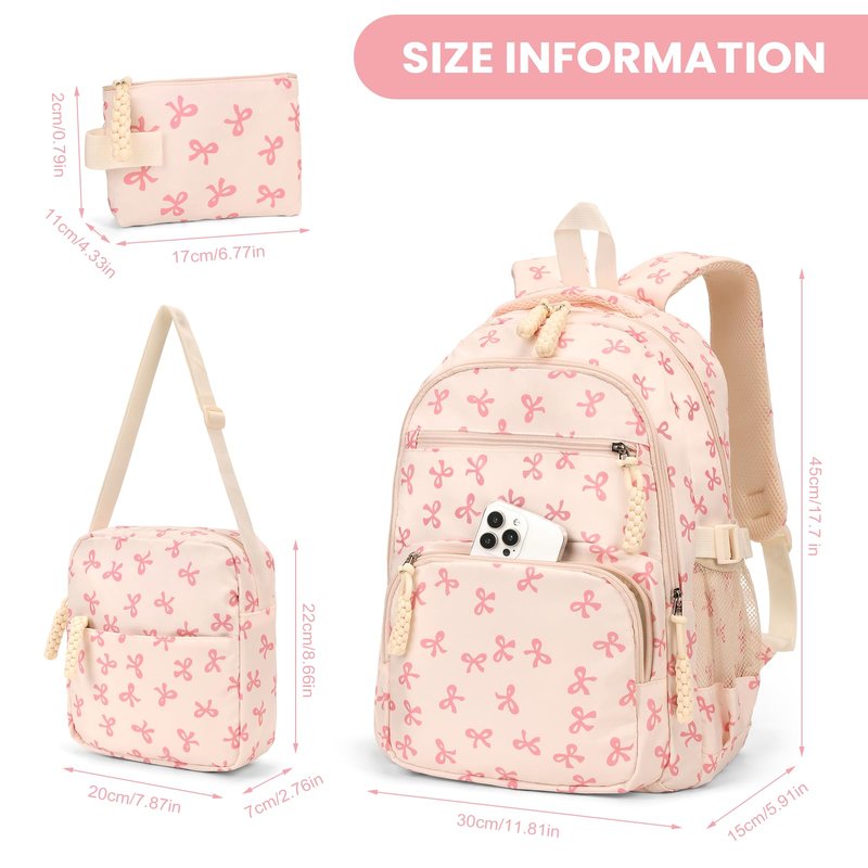 Cohawk Bow Backpack for Women Coquette Aesthetic Nylon Rucksack Cute Kawaii Backpack 3Pcs Set With Bow Pattern