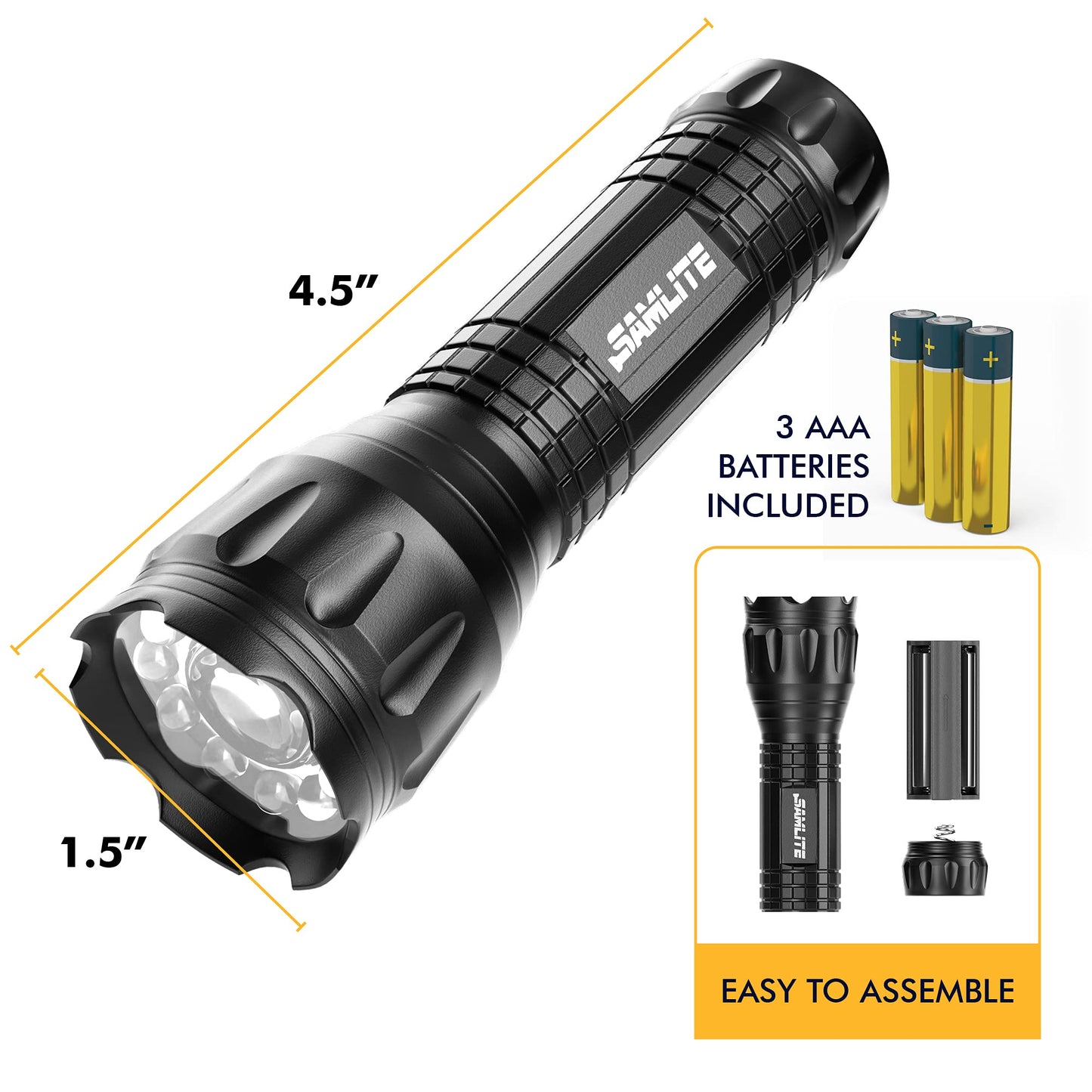 SAMLITE- LED Tactical Flashlight with 5 Options, Bright LED Light, Laser Pointer, UV Blacklight, Green Light and Magnetic Bottom - Water Resistant - (3 AAA Batteries Included)