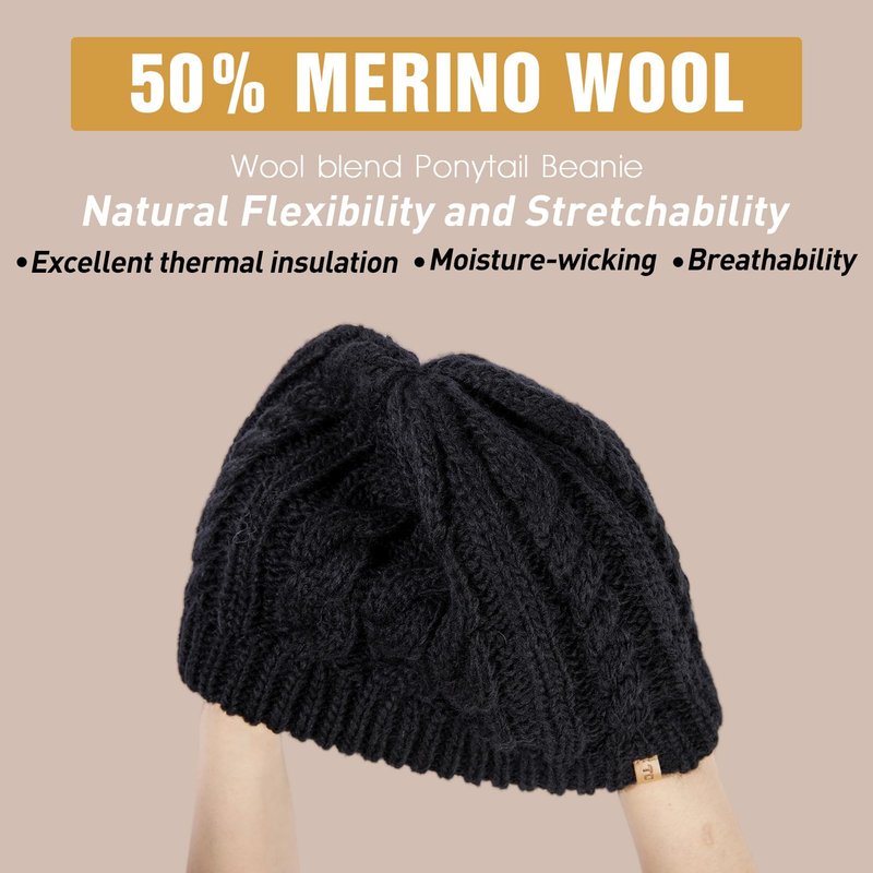 Merino Wool Blend Messy Bun High Ponytail Hole Knit Beanie Hat for Big Large Head Women Warm Winter Cap Fleece Lined Cozy Skull Girls Black