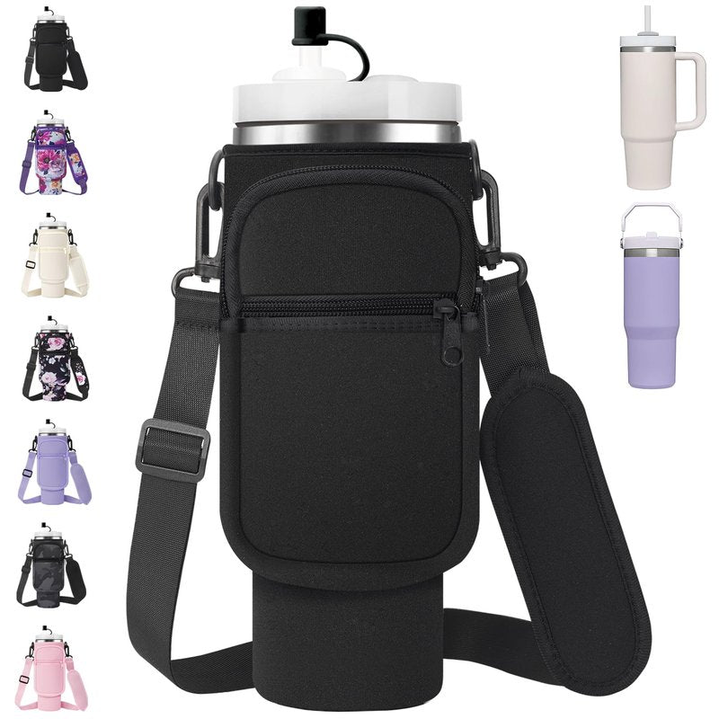 AceTreker Water Bottle Sleeve Bag for Stanley 30/40 oz Tumbler with Handle & Phone Pocket, Neoprene Metal Travel Coffee Mug Carrier Sling for Walking Hiking Driving-Black