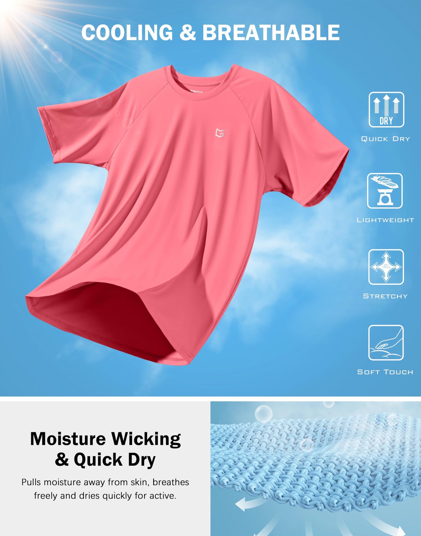 G Gradual Men's Athletic Workout T-Shirts Moisture Wicking Cooling Running Shirts Short Sleeve Performance Tee for Gym Tennis(Pink,XXL)