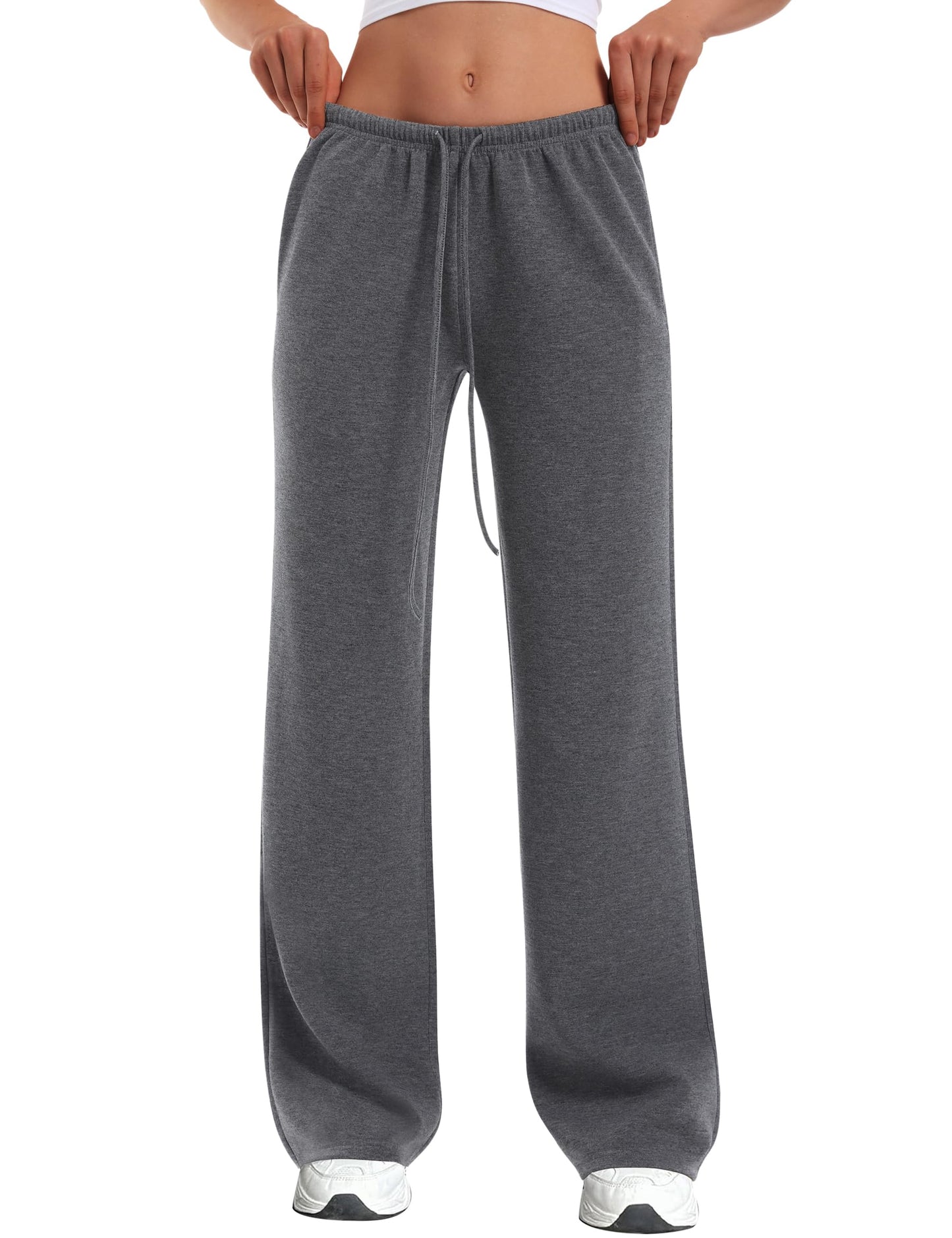 HeSaYep Women's Wide Leg Sweatpants Straight Leg Lowrise Sweat Pants Drawstring Elastic Low Waist Pants with Pockets, Dark Grey S